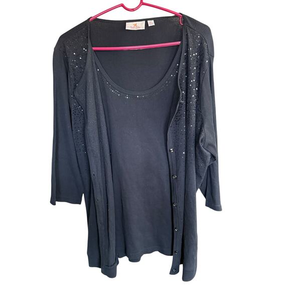 Quacker Factory-Women Black Sequin 2-in-1 Jacket W/Tank Set Blouse Top 2XL XXL - Picture 1 of 10